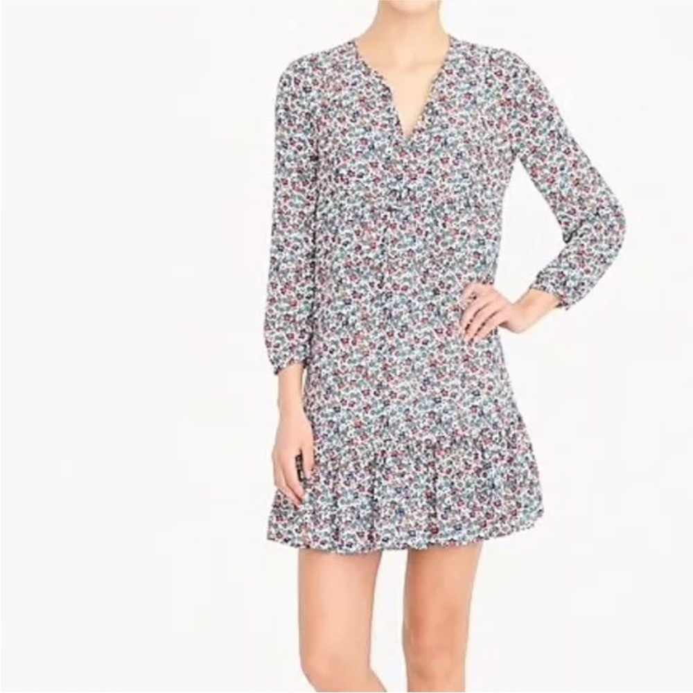 J Crew Relaxed Fiery Sunset Ditsy Floral Shift Dress Flounce Hem Blue Red XXS